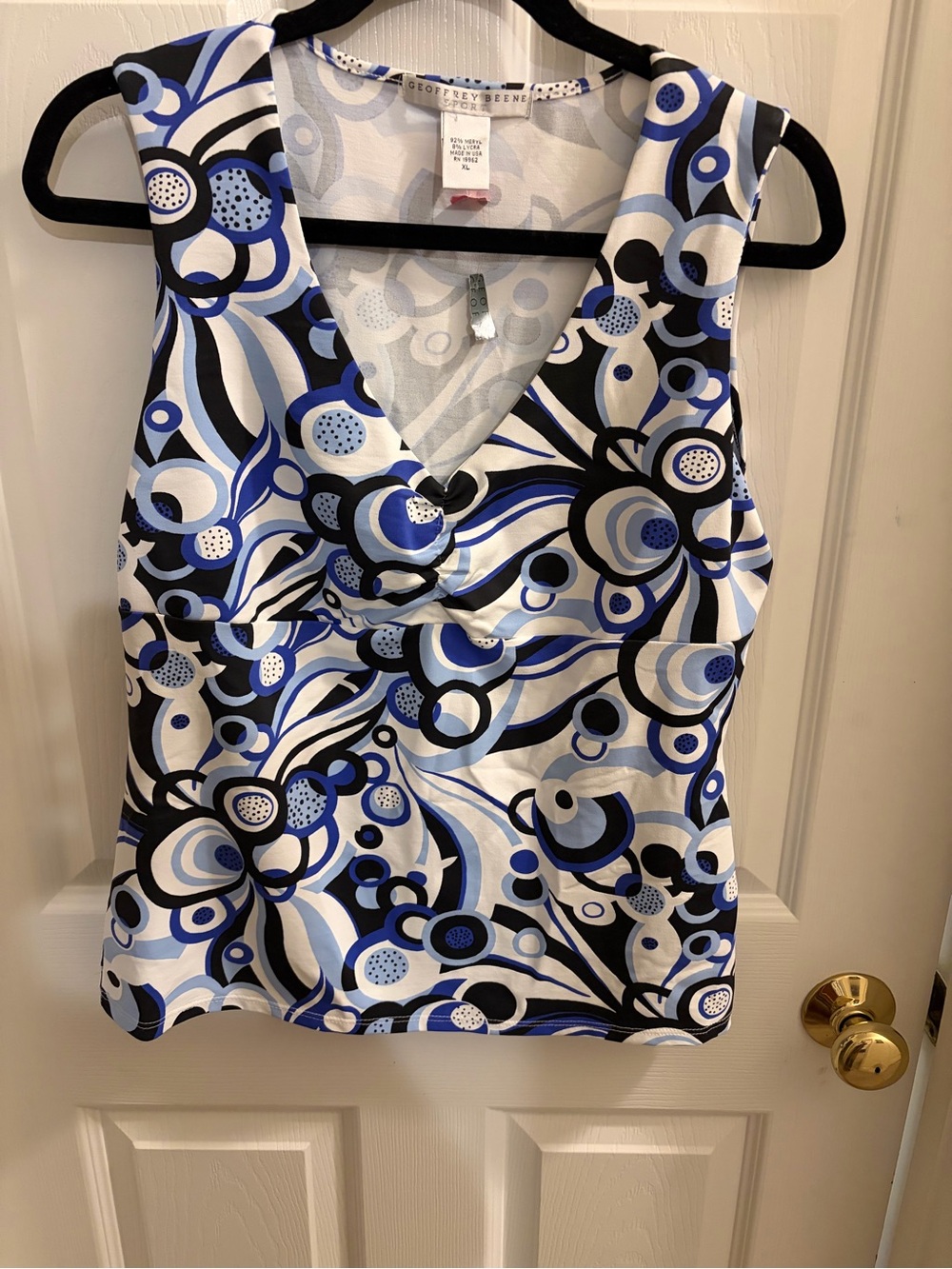 Geoffrey Beene White, Blue and Black Abstract Print V-Neck blouse